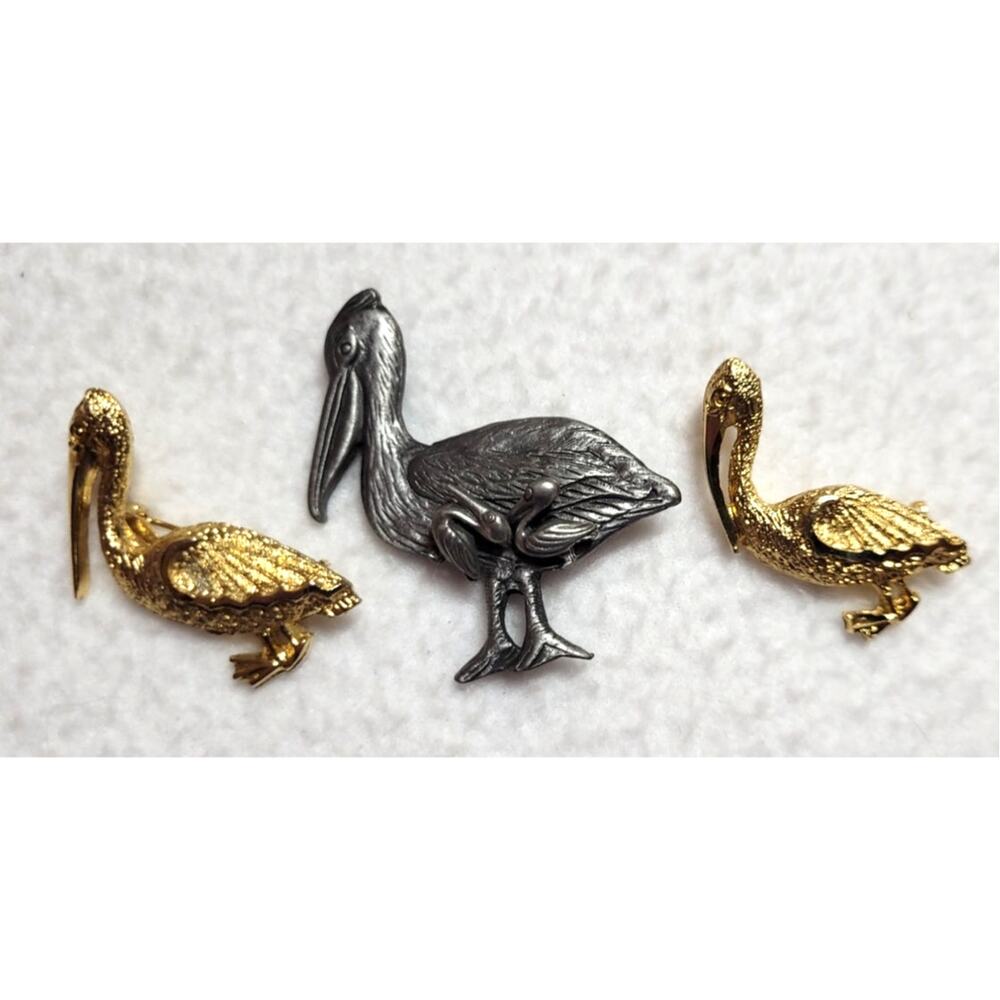Pelican Water Bird Brooch 3 Pc Lot Pewter Set Stud Earrings Goldtone Ocean Pin